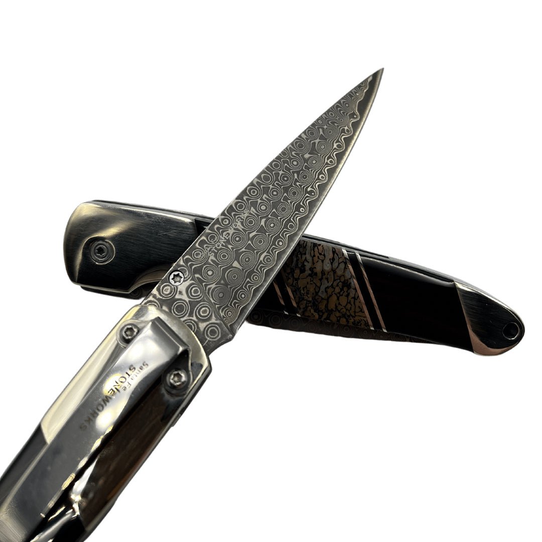 Dinosaur Bone 4" Damascus Steel Double Sided Liner Lock Knife - The Great Republic
