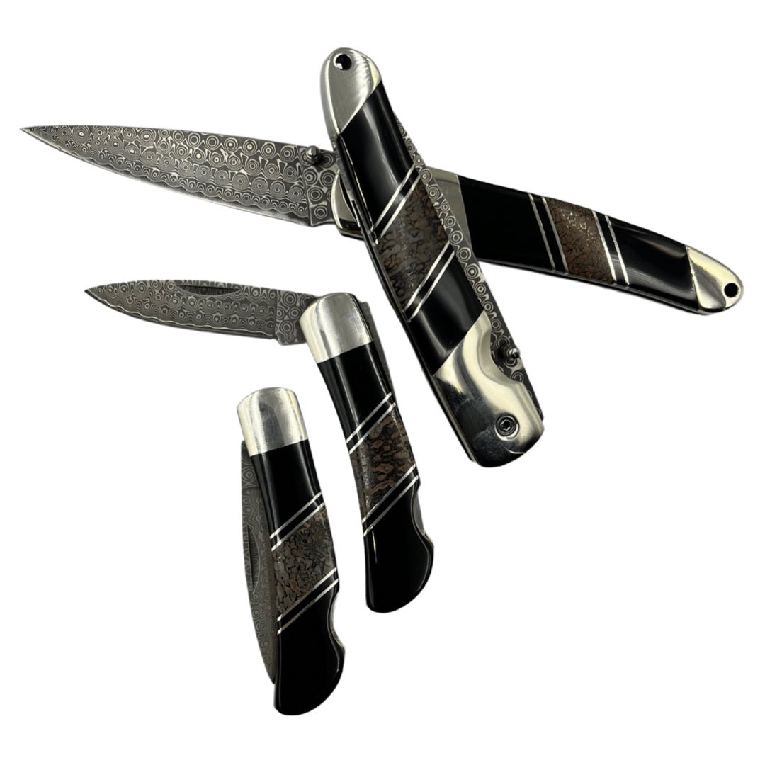Dinosaur Bone 4" Damascus Steel Double Sided Liner Lock Knife - The Great Republic