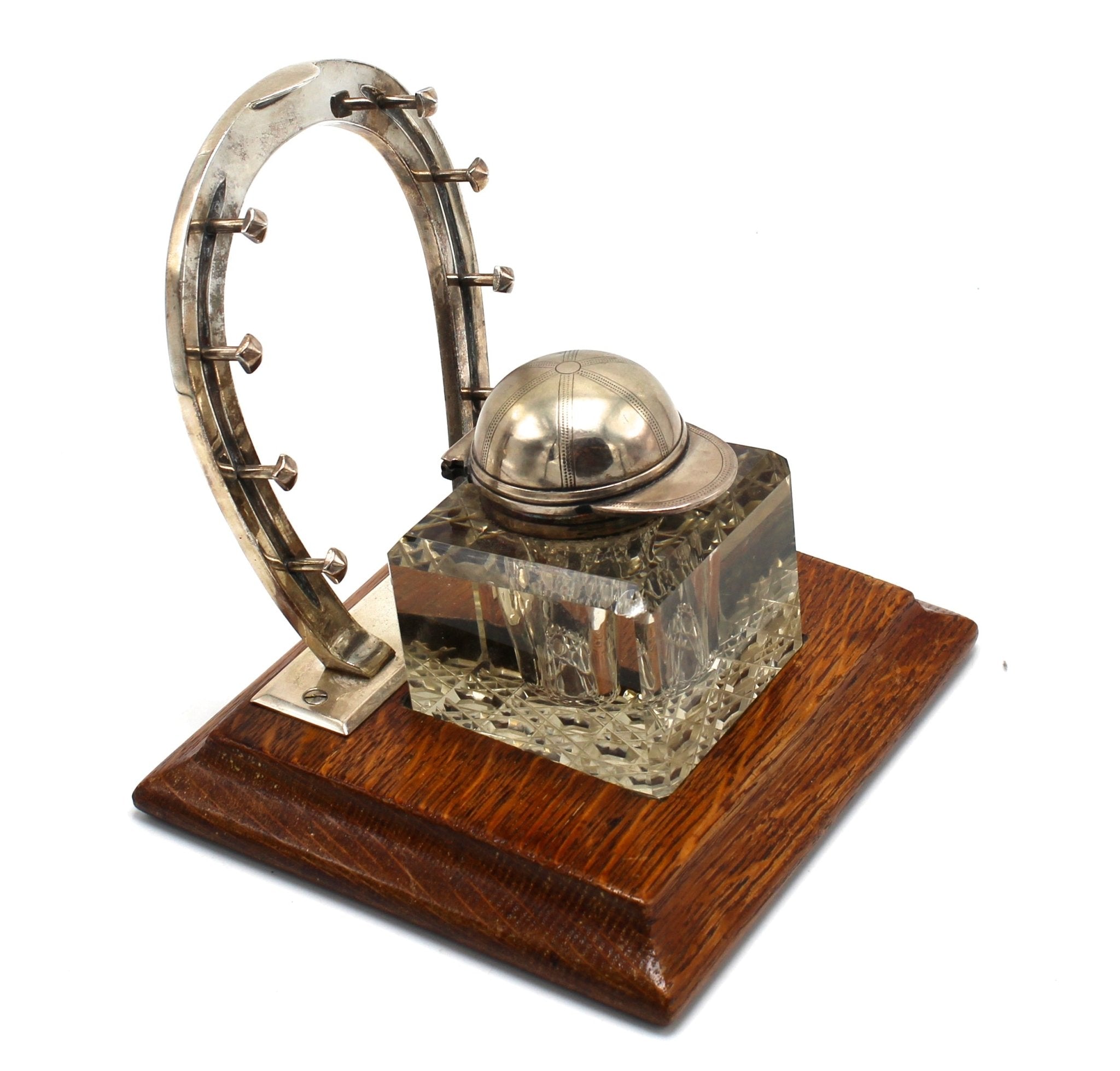 Equestrian - Themed Silver Plated Ink Well and Pen Stand on Oak Base, Circa 1890 - The Great Republic