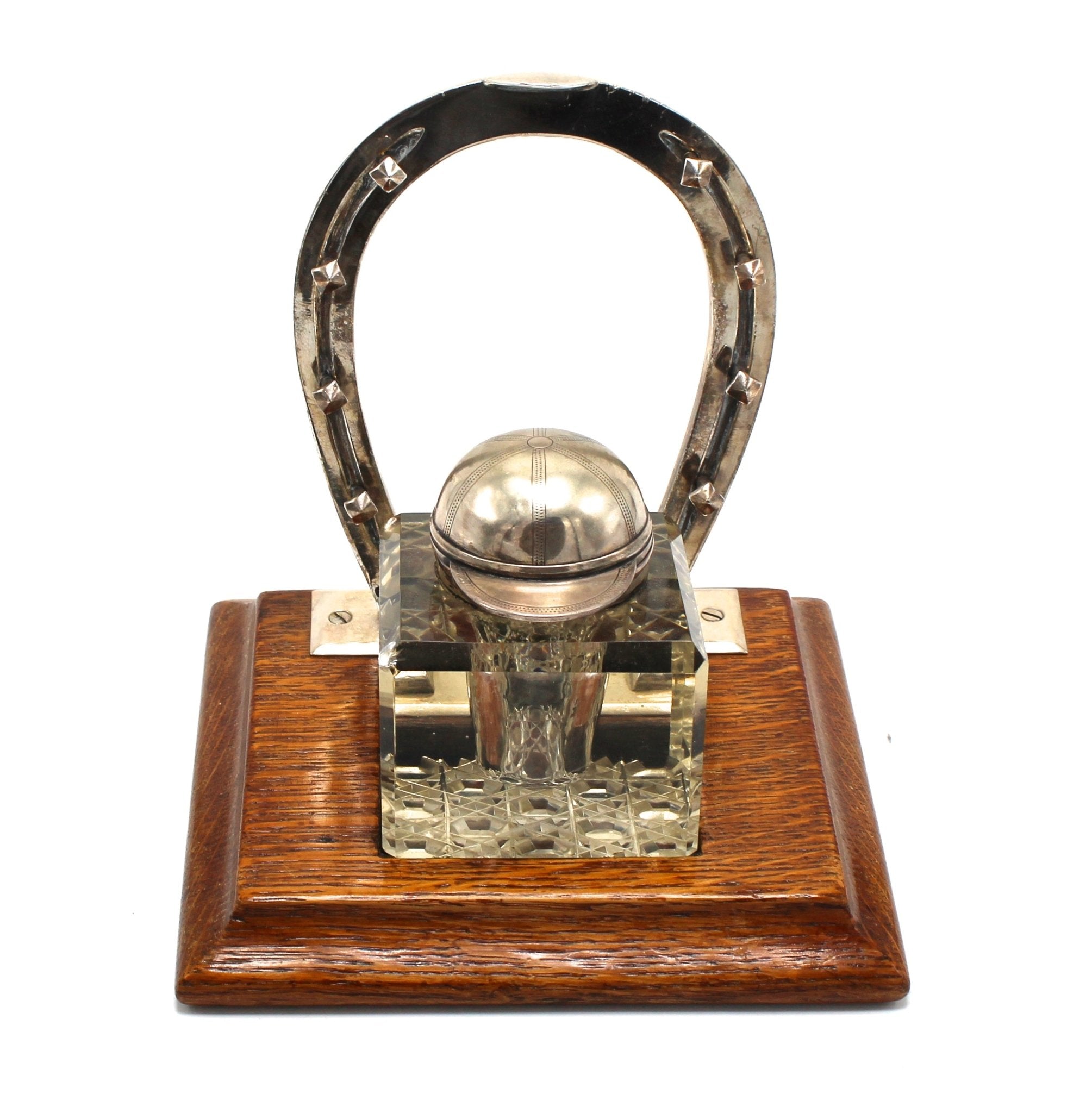 Equestrian - Themed Silver Plated Ink Well and Pen Stand on Oak Base, Circa 1890 - The Great Republic