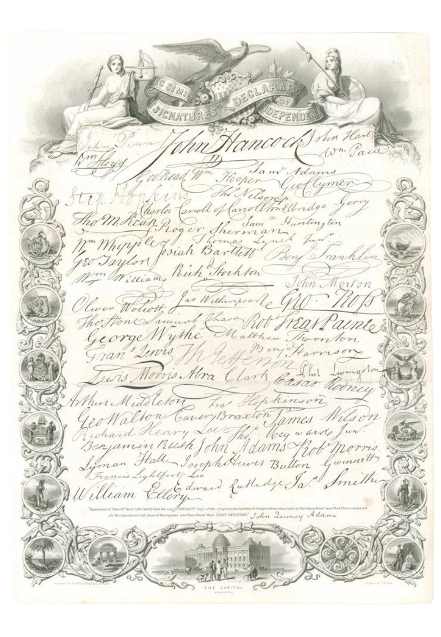"Facsimile of the Signatures to the Declaration of Independence" by A.H. Wray, Engraved by J. W. Allen and E. McCabe, circa 1855 - The Great Republic