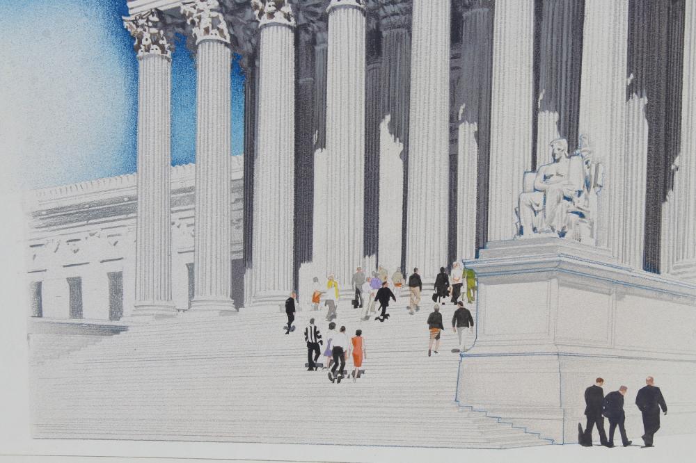 "Flag Over Supreme Court" by Jim Butcher, Original Mixed Media Painting on Illustration Board, 1983 - The Great Republic