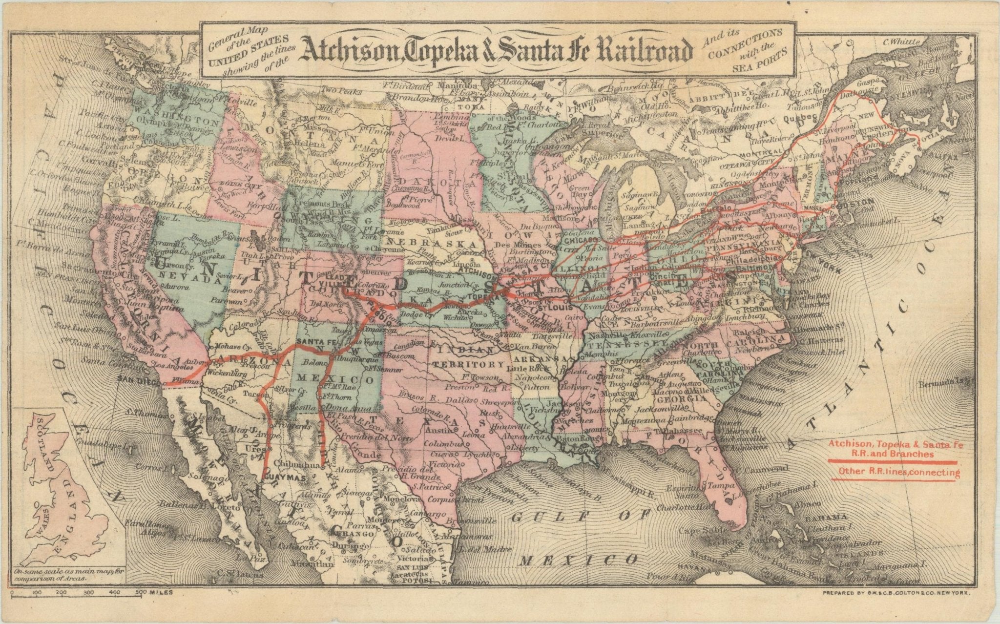 "General Map of the United States Showing the Lines of the Atchison, Topeka & Santa Fe Railroad" by G. W. & C. B. Colton, circa 1879 - The Great Republic
