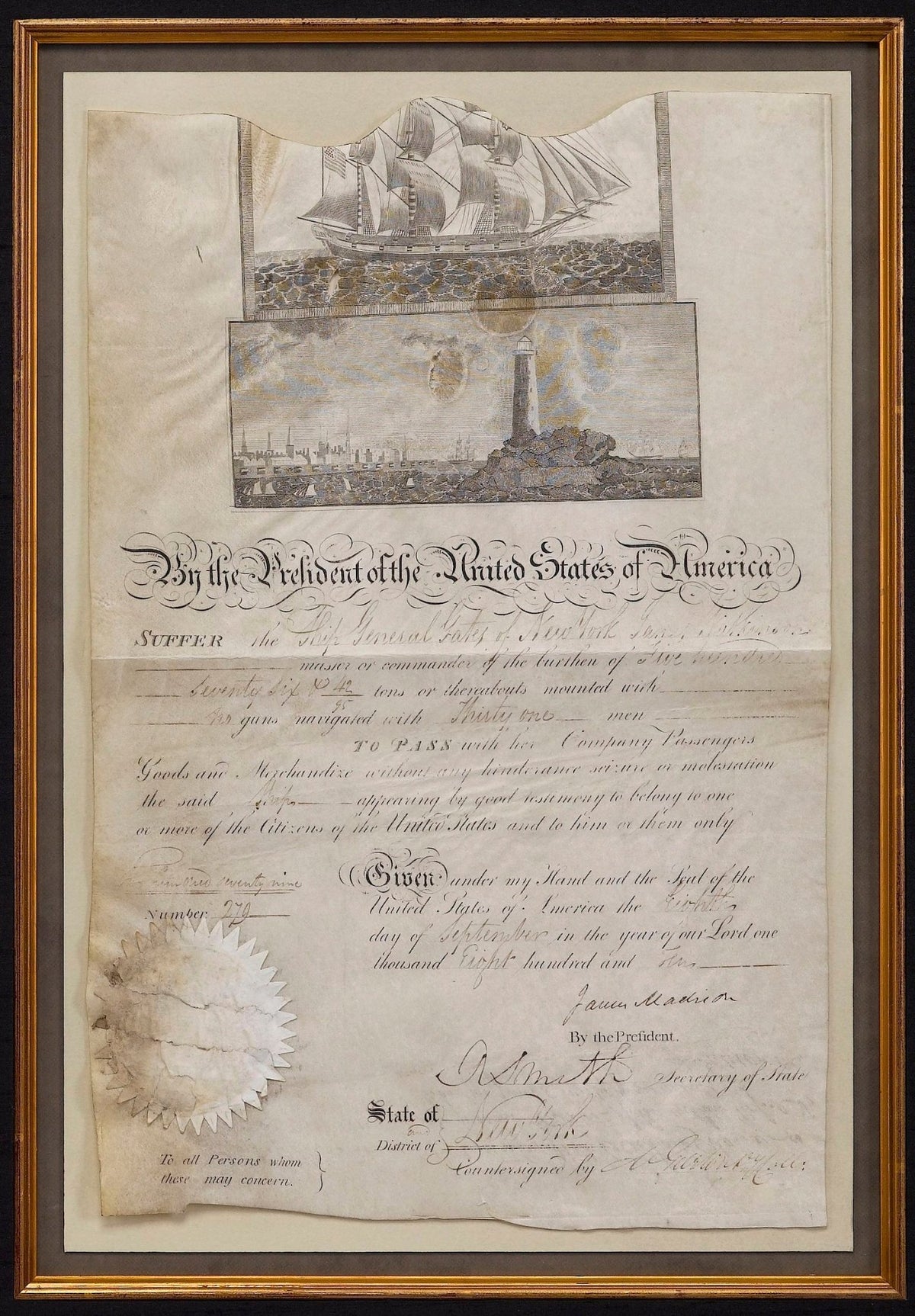 James Madison Signed Scallop Top Ship’s Passport, Dated September 8, 1810 - The Great Republic