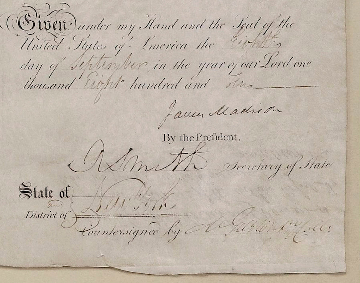 James Madison Signed Scallop Top Ship’s Passport, Dated September 8, 1810 - The Great Republic