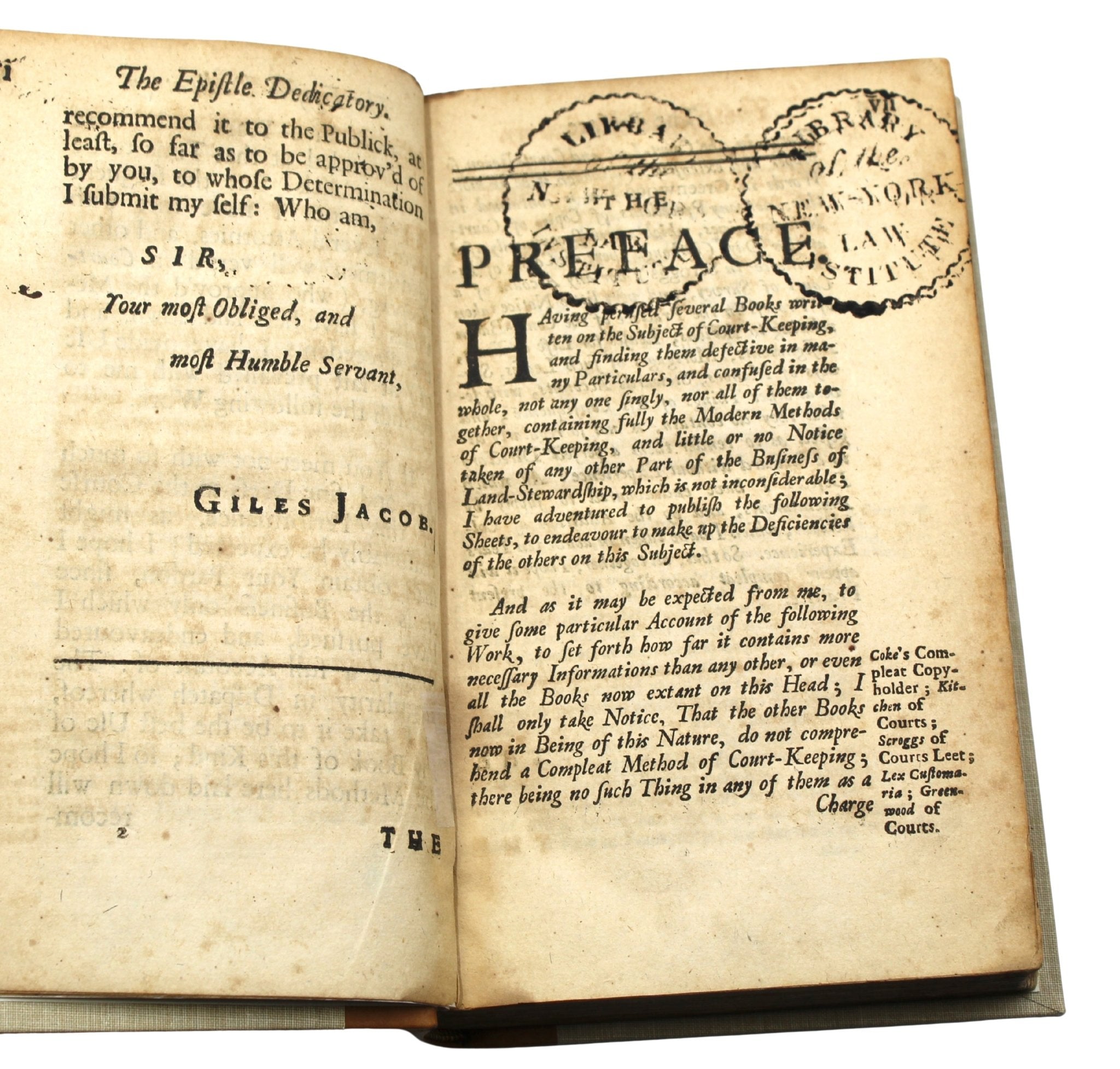 John Jay's Signed Copy of The Compleat Court Keeper; or, Land - Steward’s Assistant by Giles Jacob, Second Edition, 1715 - The Great Republic