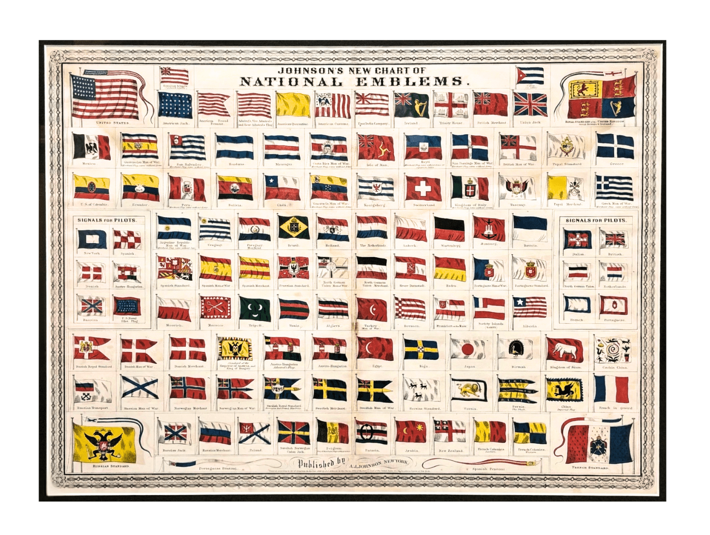 "Johnson's New Chart of National Emblems" Hand Colored Engraving by A. J. Johnson, 1870 - The Great Republic