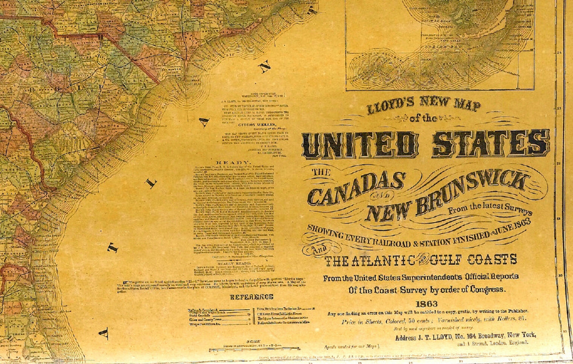1863 "Lloyd's New Map of the United States, the Canadas, and New Brunswick" Hanging Wall Map