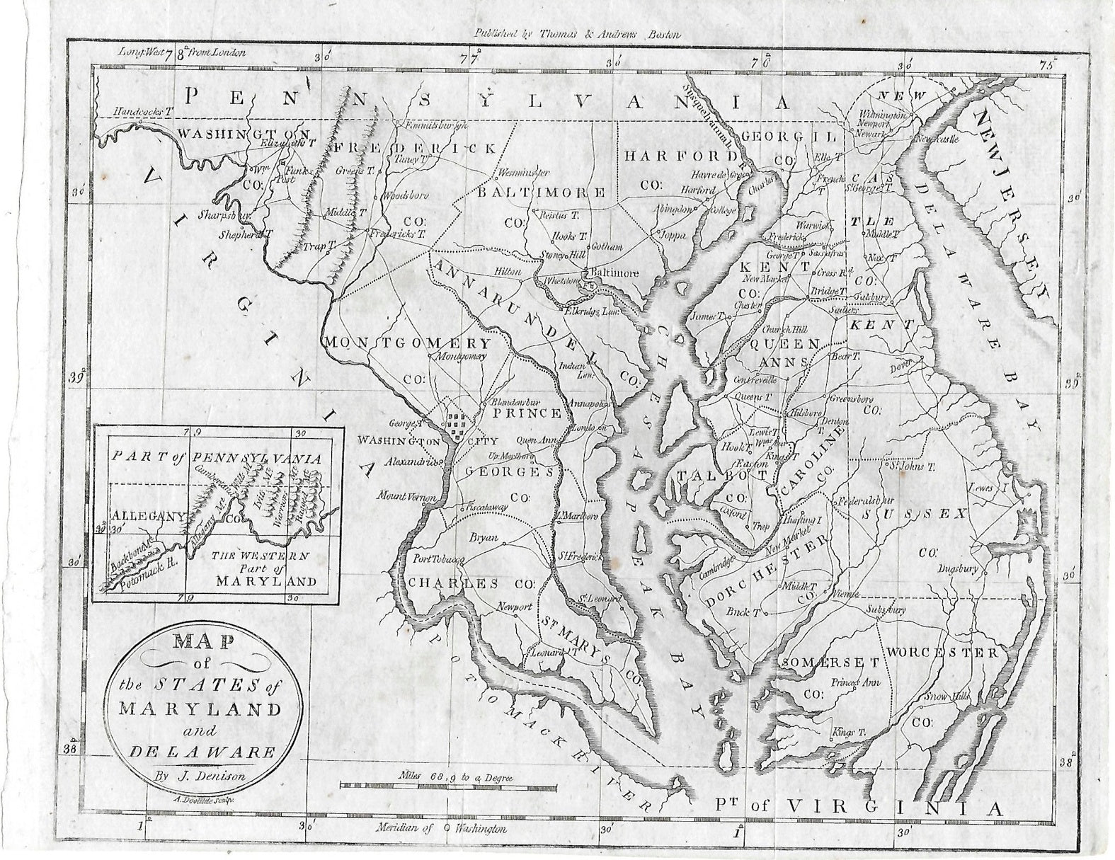 "Map of the States of Maryland and Delaware" By J. Denison, Published by Thomas & Andrews, Circa 1796 - The Great Republic