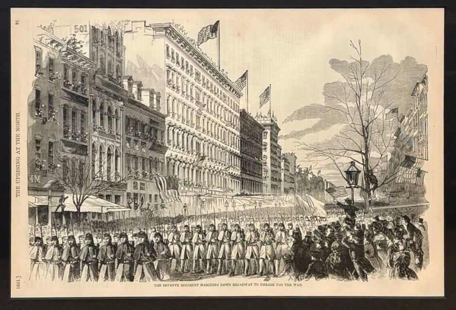 1866 "The Seventh Regiment Marching Down Broadway to Embark the War." Published by McDonnell Bros.