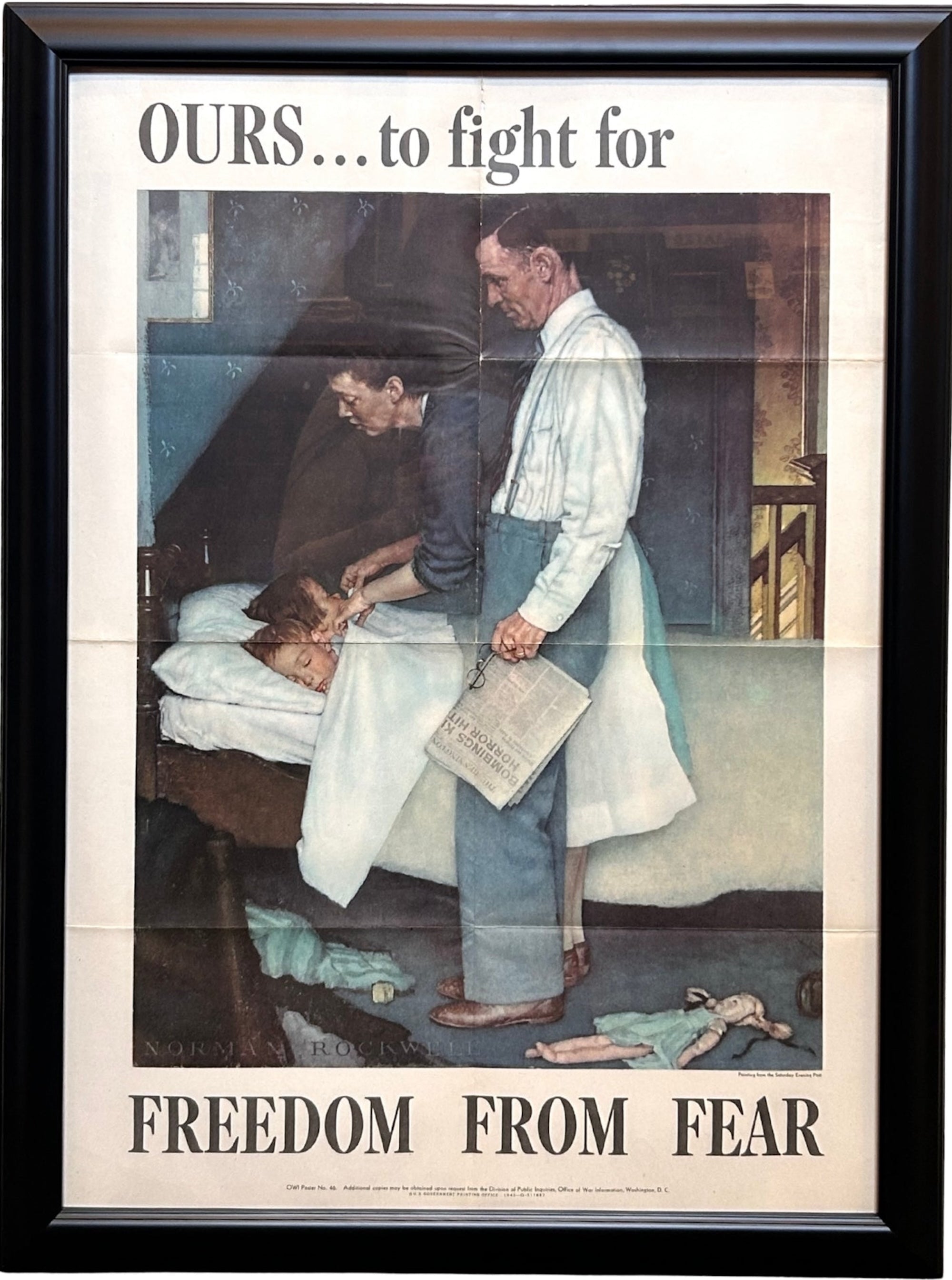 "Ours... To Fight For. Freedom from Fear" Vintage WWII Poster by Norman Rockwell, 1943
