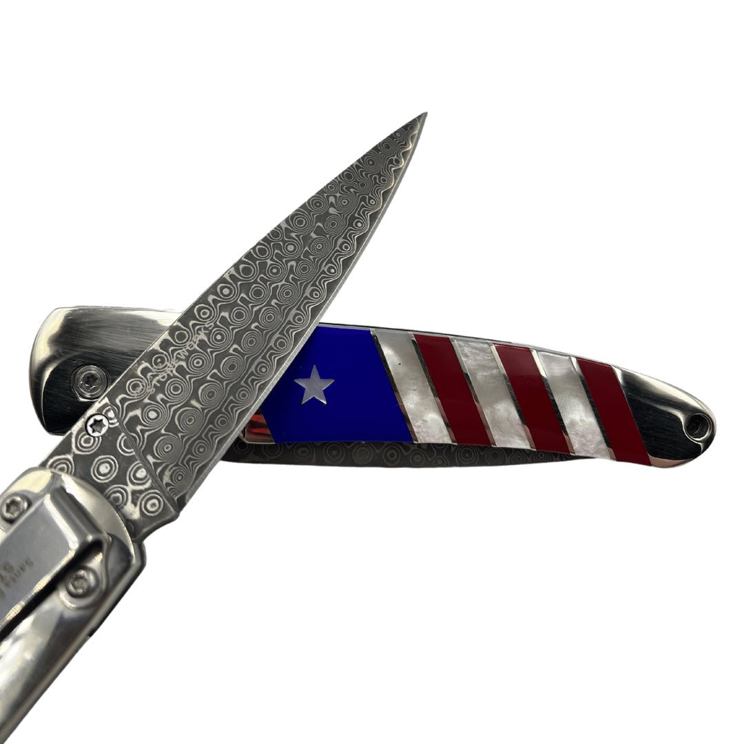 Patriotic Collection 4″ Damascus Steel Double Sided Liner Lock Pocket Knife - The Great Republic