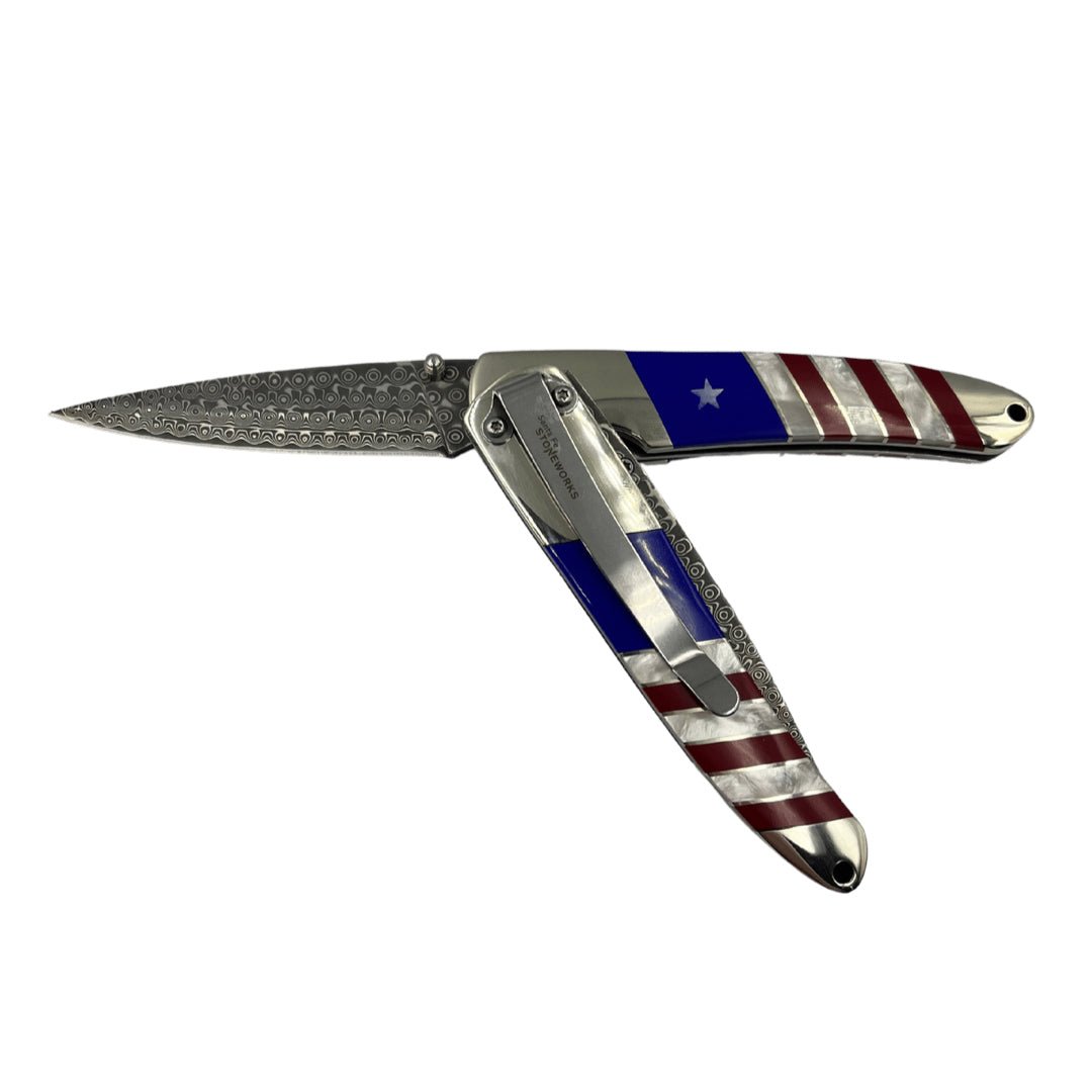 Patriotic Collection 4″ Damascus Steel Double Sided Liner Lock Pocket Knife - The Great Republic