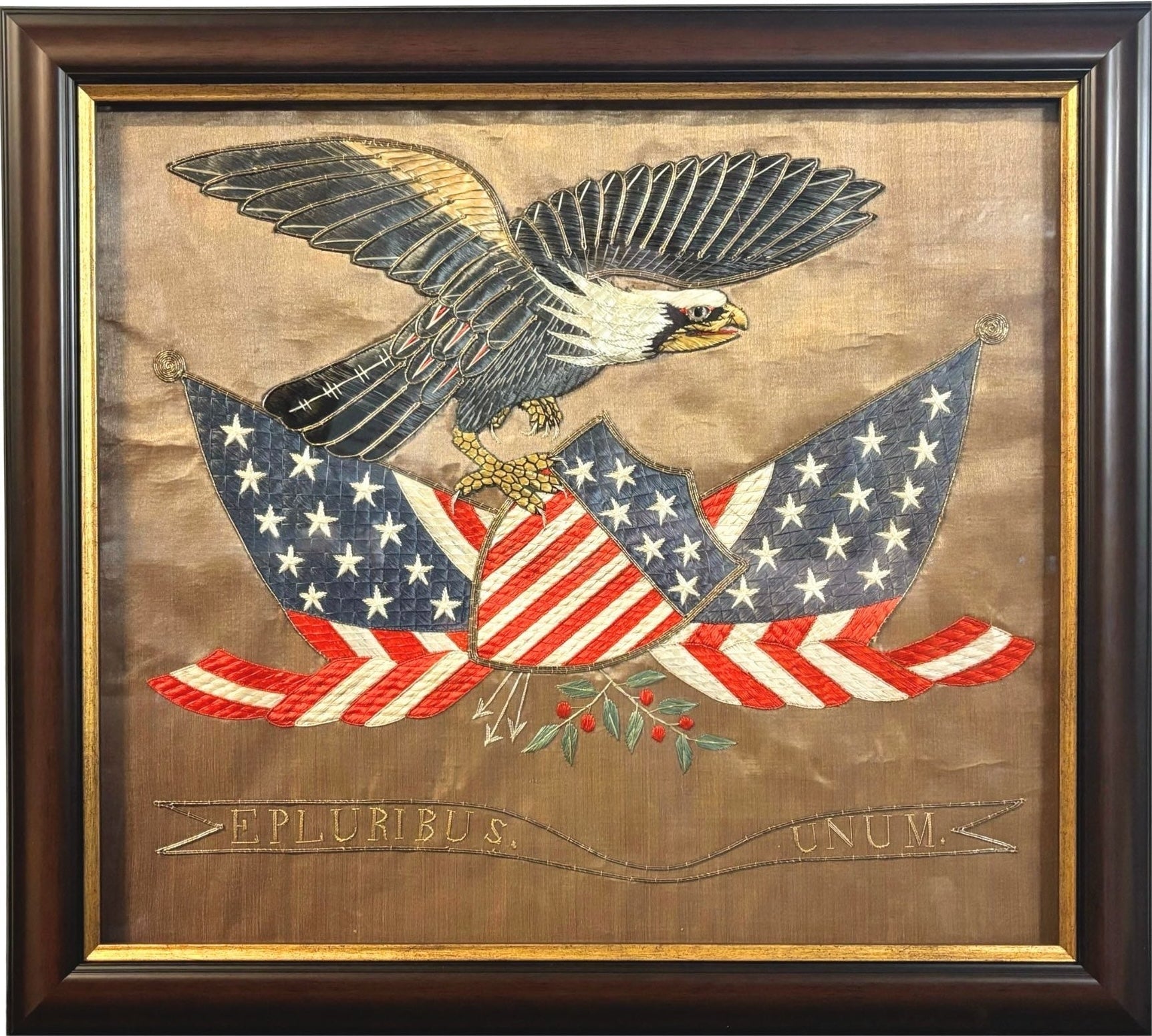 Patriotic "E Pluribus Unum" Eagle Silk and Metallic Embroidered Needlework, Late 19th Century - The Great Republic