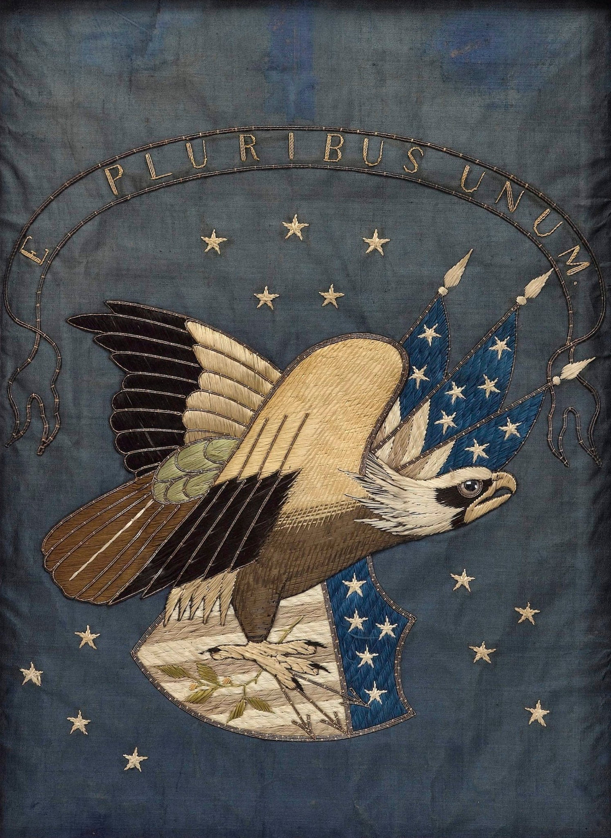 Patriotic "E Pluribus Unum" Eagle Silk and Metallic Embroidered Needlework, Late 19th Century - The Great Republic