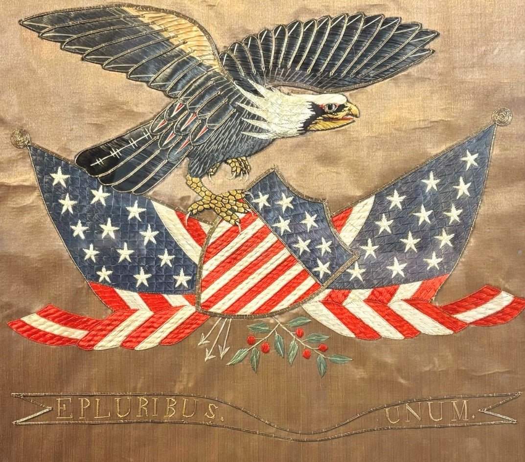 Patriotic "E Pluribus Unum" Eagle Silk and Metallic Embroidered Needlework, Late 19th Century - The Great Republic