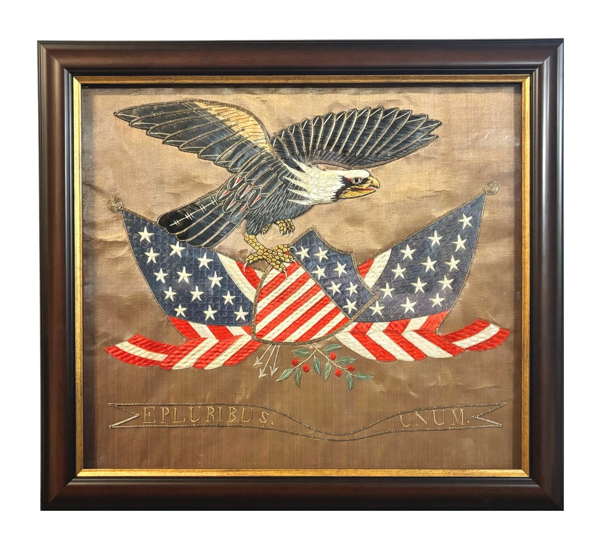 Patriotic "E Pluribus Unum" Eagle Silk and Metallic Embroidered Needlework, Late 19th Century - The Great Republic