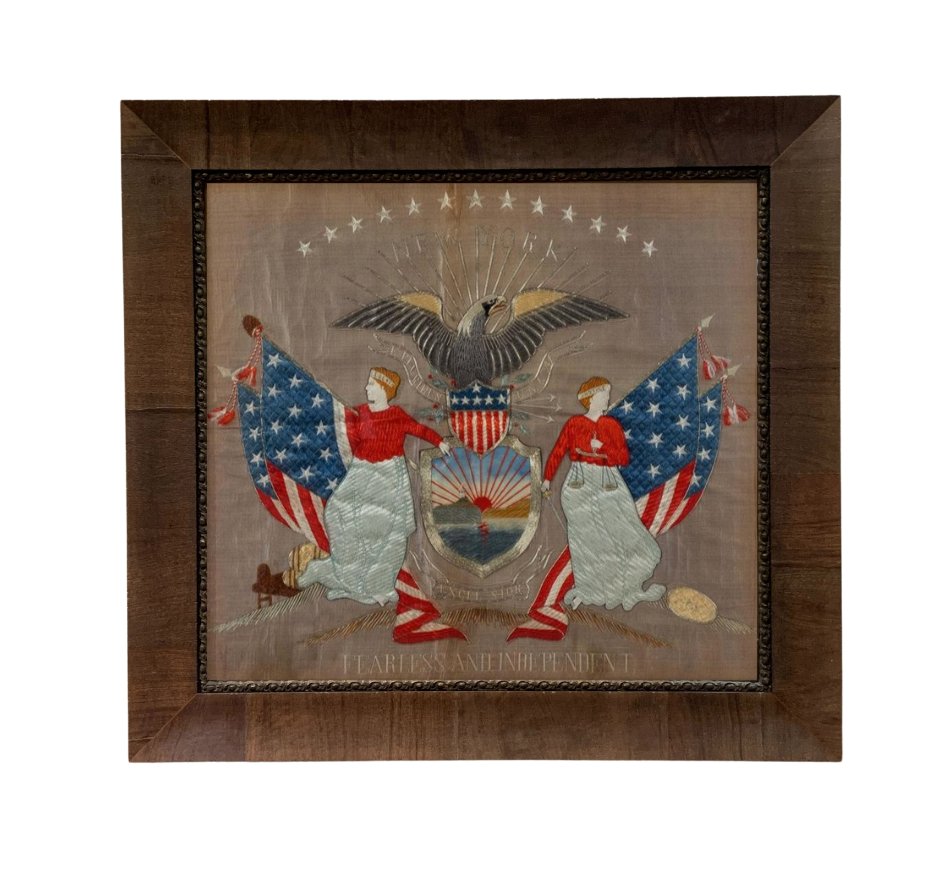 Patriotic "New York" Coat of Arms Silk and Metallic Embroidered Souvenir, Early 20th Century - The Great Republic