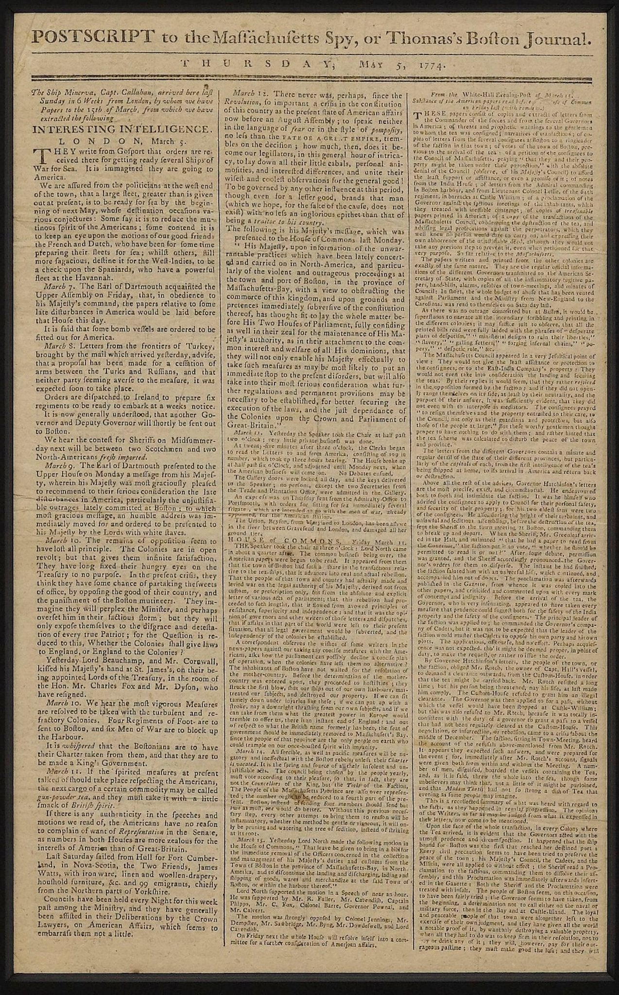 "Postscript to The Massachusetts Spy, or Thomas’s Boston Journal" Issued May 5, 1774 - The Great Republic