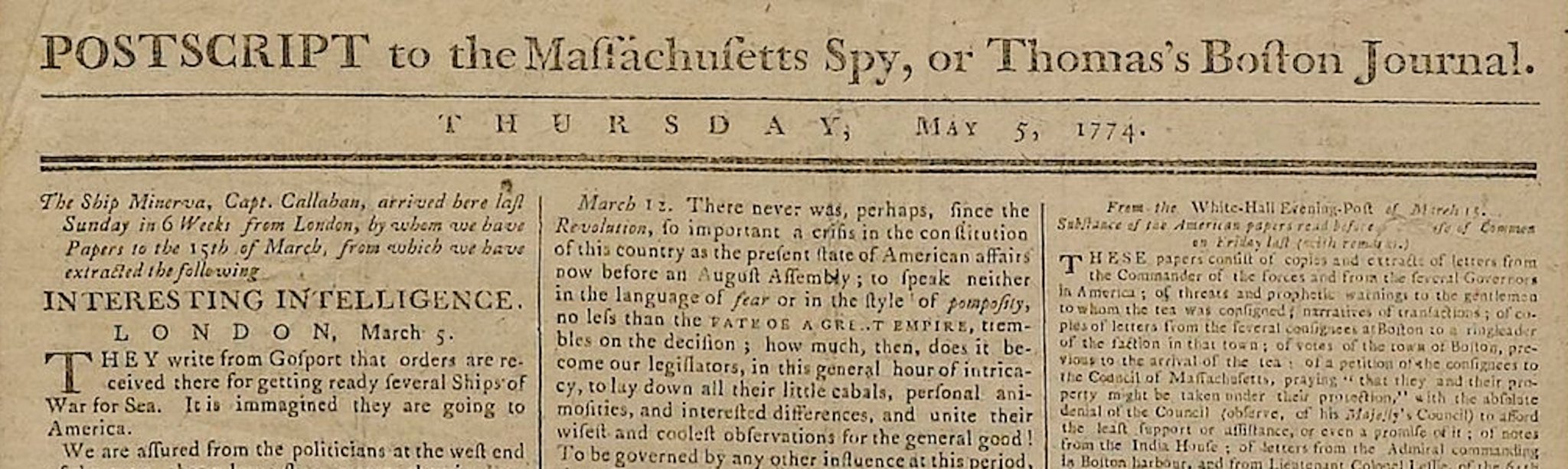 "Postscript to The Massachusetts Spy, or Thomas’s Boston Journal" Issued May 5, 1774 - The Great Republic