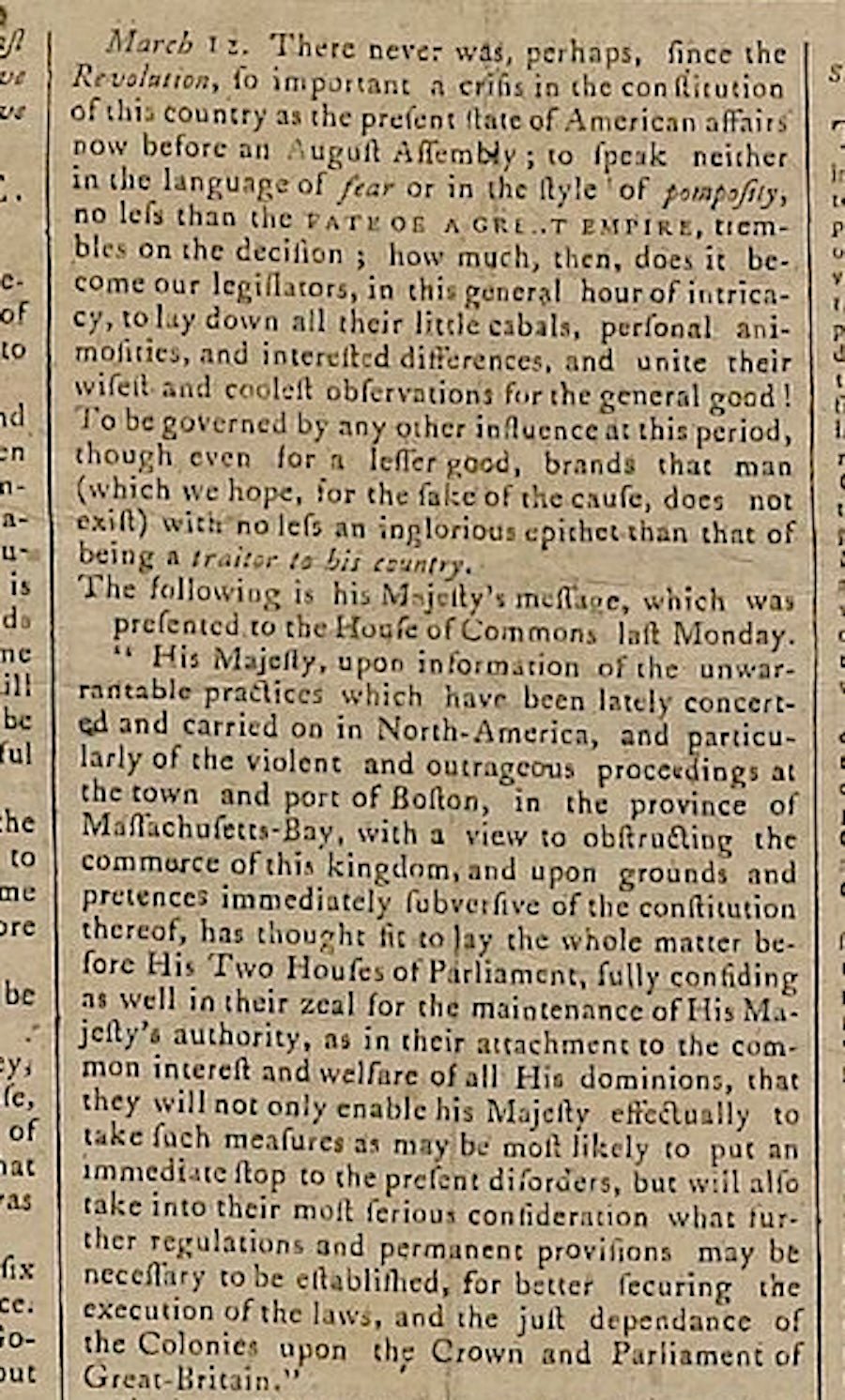 "Postscript to The Massachusetts Spy, or Thomas’s Boston Journal" Issued May 5, 1774 - The Great Republic