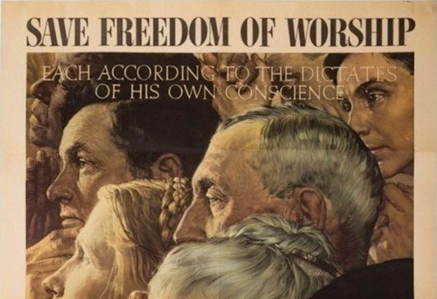"Save Freedom of Worship. Buy War Bonds" Vintage WWII Poster by Norman Rockwell, 1943 - The Great Republic