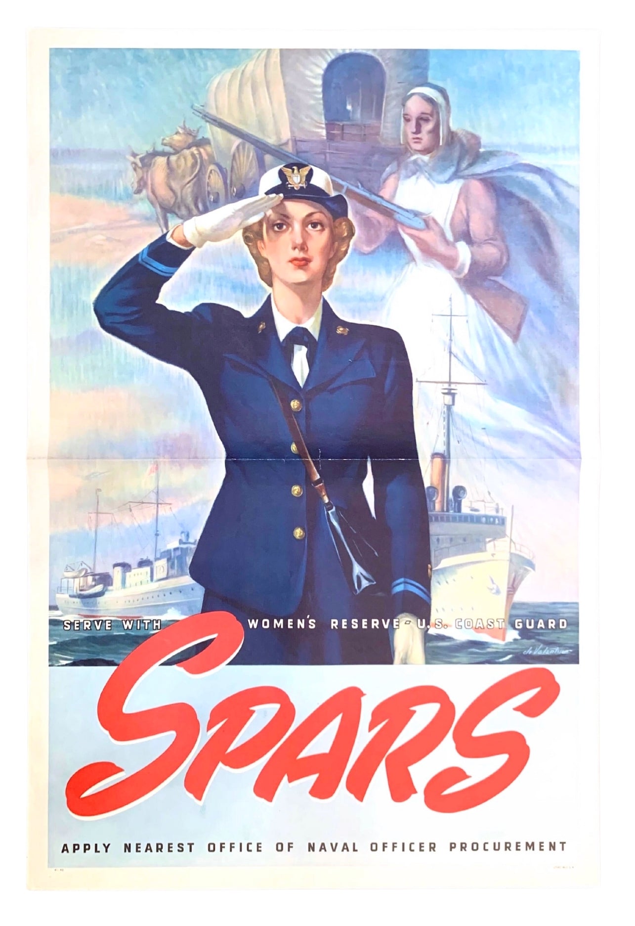 "Serve with Women's Reserve U.S. Coast Guard. SPARS" Vintage WWII Recruitment Poster by Jo Valentine - The Great Republic