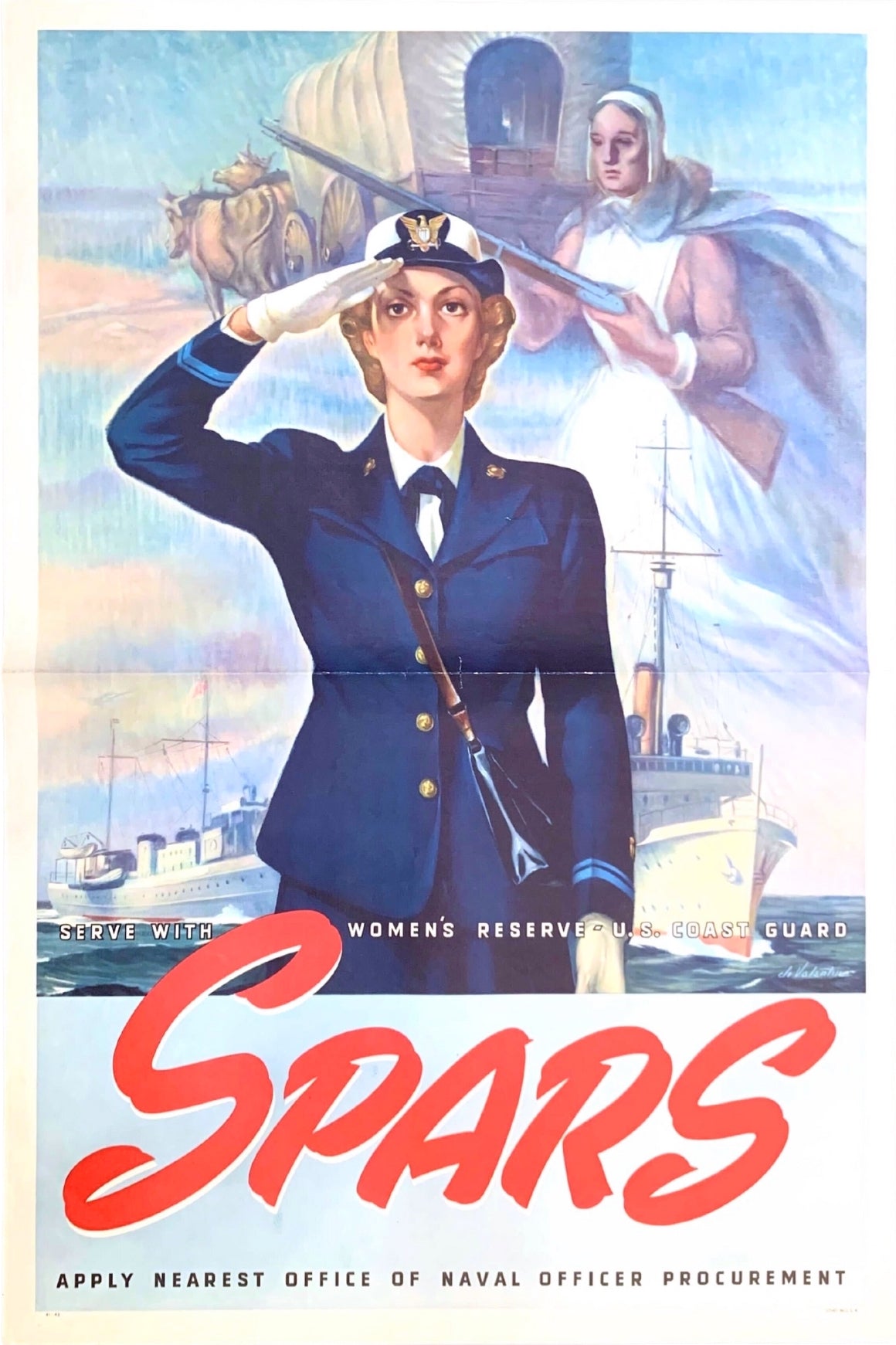 "Serve with Women's Reserve U.S. Coast Guard. SPARS" Vintage WWII Recruitment Poster by Jo Valentine - The Great Republic