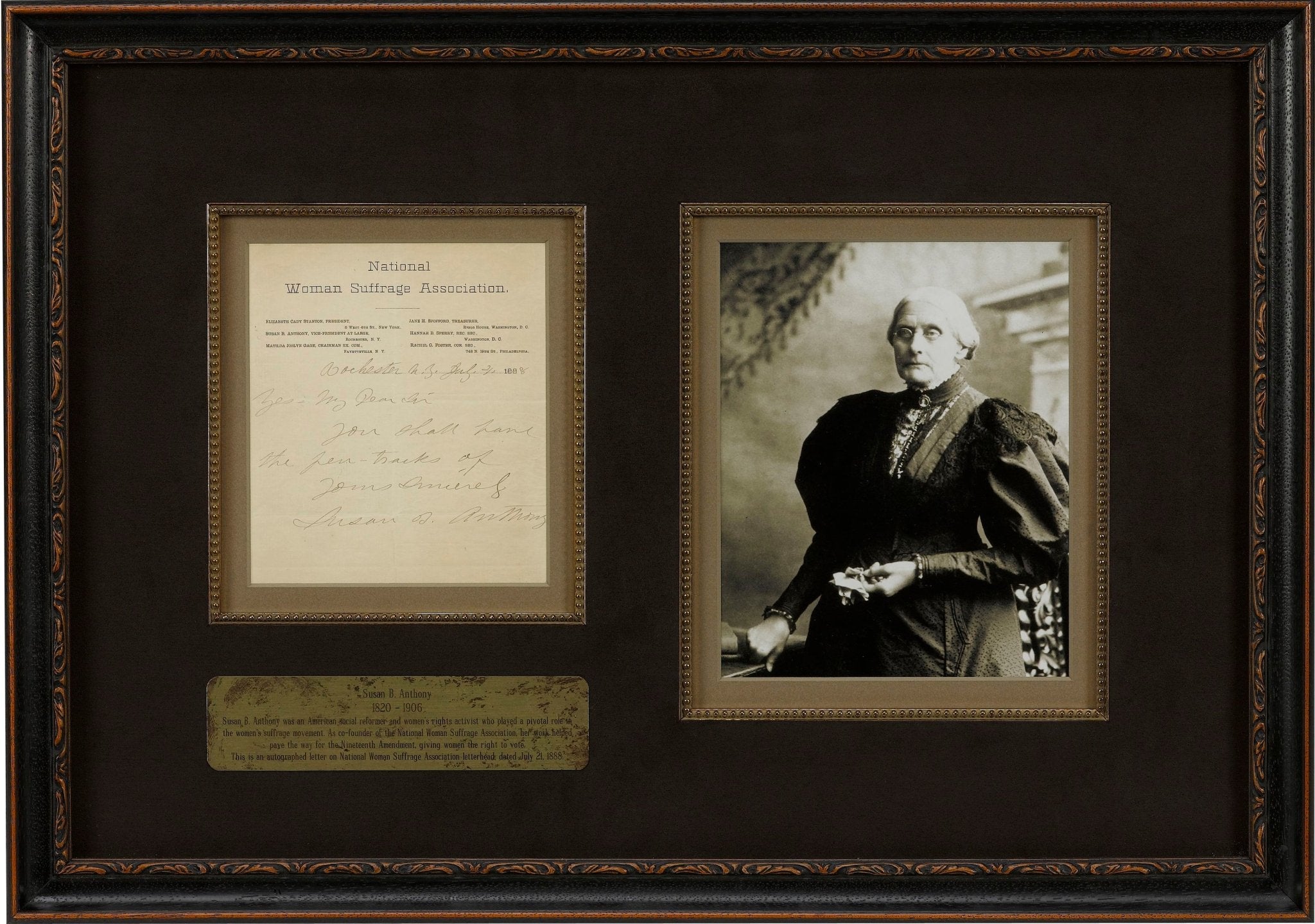 Susan B. Anthony Signed Handwritten Letter, Dated July 21, 1888 - The Great Republic