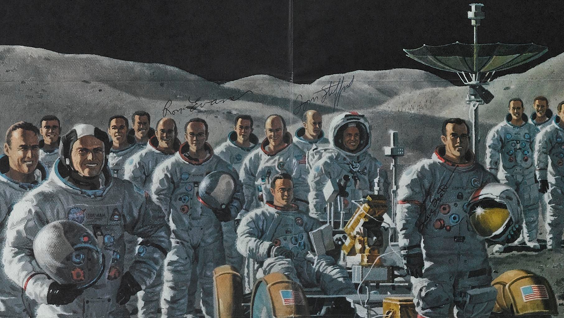 "Teammates in Mankind's Greatest Adventure" Apollo Crew Poster by National Geographic, Signed by Gene Cernan, Dave Scott, Ron Evans, and Tom Stafford, 1973 - The Great Republic