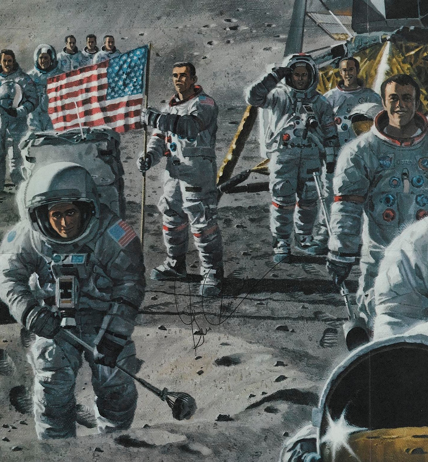 "Teammates in Mankind's Greatest Adventure" Apollo Crew Poster by National Geographic, Signed by Gene Cernan, Dave Scott, Ron Evans, and Tom Stafford, 1973 - The Great Republic