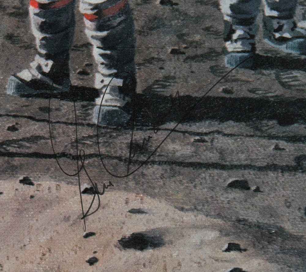 "Teammates in Mankind's Greatest Adventure" Apollo Crew Poster by National Geographic, Signed by Gene Cernan, Dave Scott, Ron Evans, and Tom Stafford, 1973 - The Great Republic