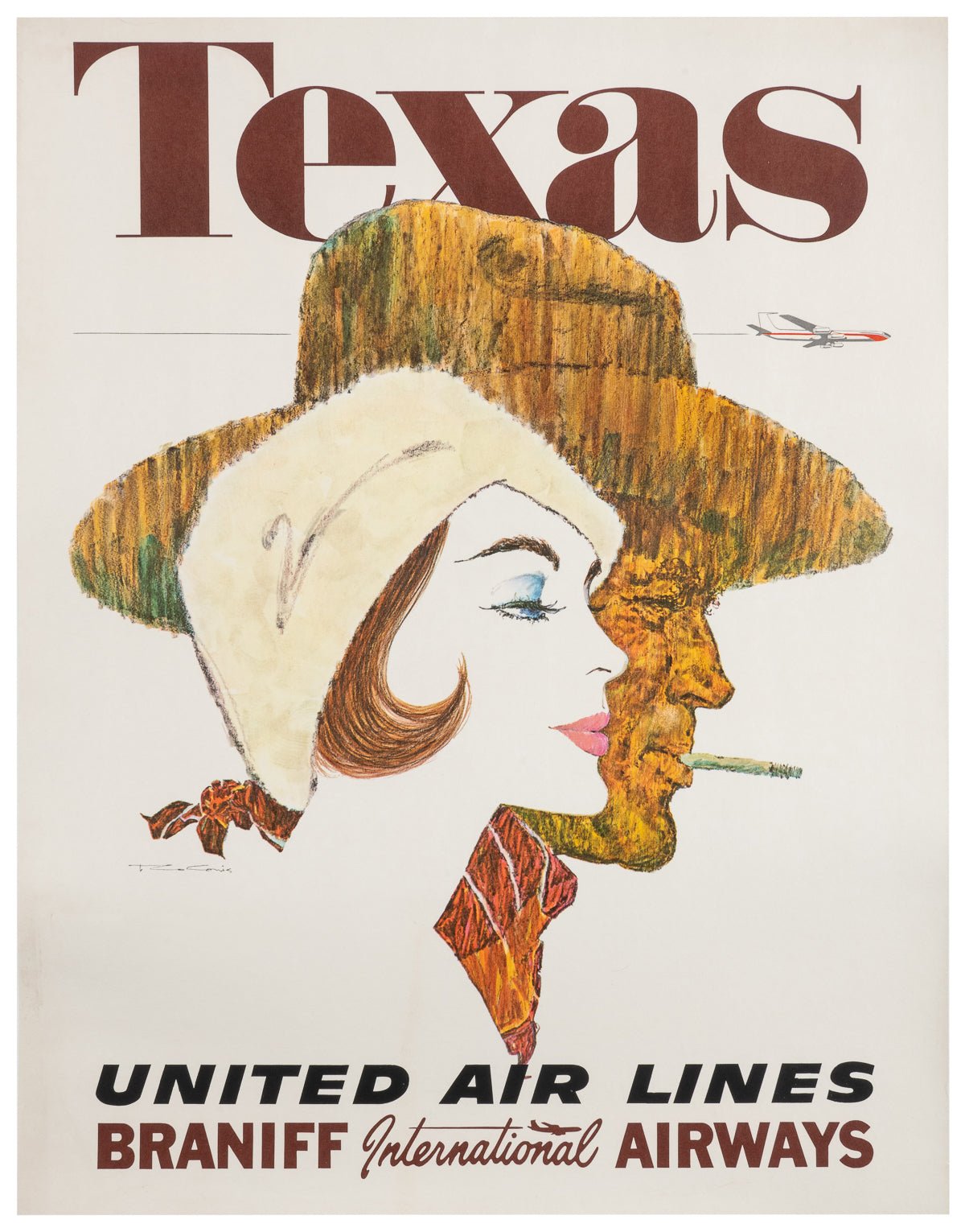 "Texas. United Air Lines. Braniff International Airways" Vintage Travel Poster by Ted Coconis, Crca 1960s - The Great Republic
