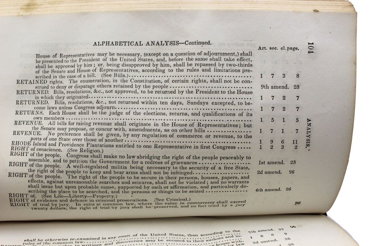 The Constitution of the United States of America with an Alphabetical Analysis, Published by W. Hickey, Seventh Edition, 1855 - The Great Republic