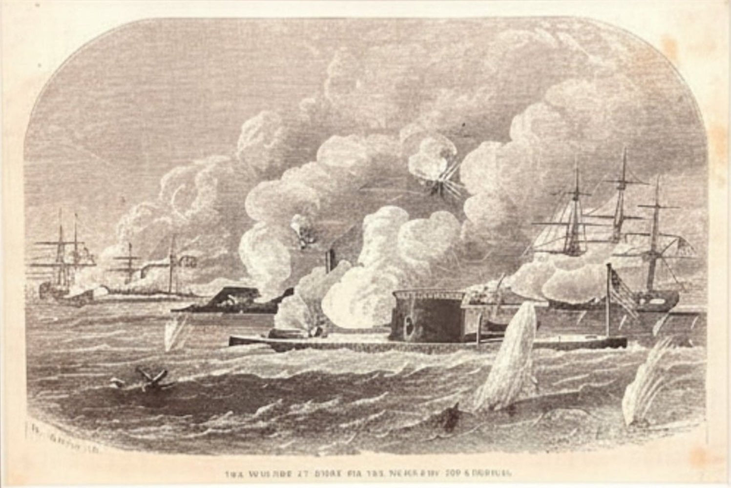 "The Monitor at Work on the Merrimac (or Virginia)." Civil War Battle Scene by Harry Fenn, Published by N. Orr Co. - The Great Republic