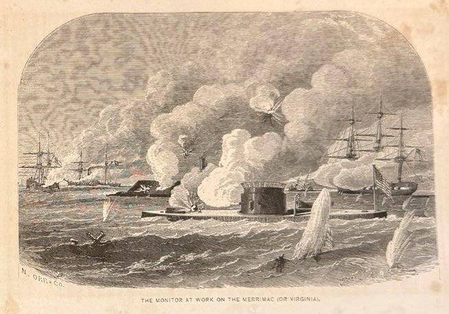 "The Monitor at Work on the Merrimac (or Virginia)." Civil War Battle Scene by Harry Fenn, Published by N. Orr Co. - The Great Republic
