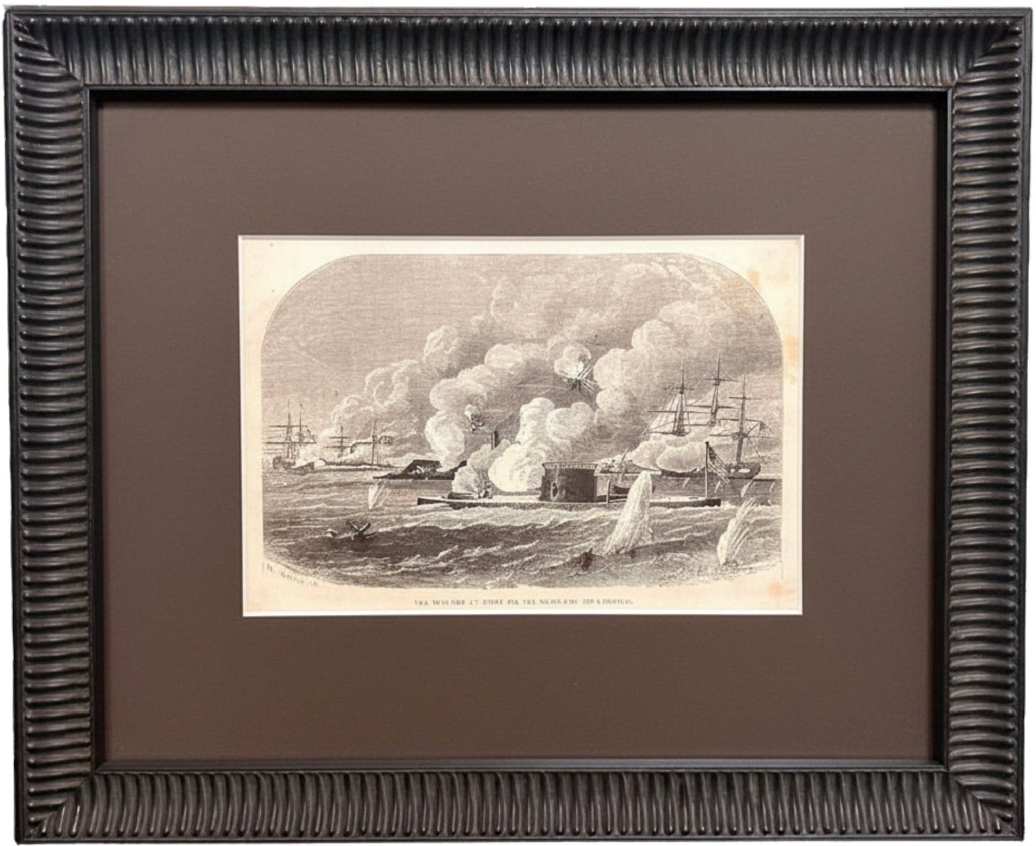 "The Monitor at Work on the Merrimac (or Virginia)." Civil War Battle Scene by Harry Fenn, Published by N. Orr Co. - The Great Republic