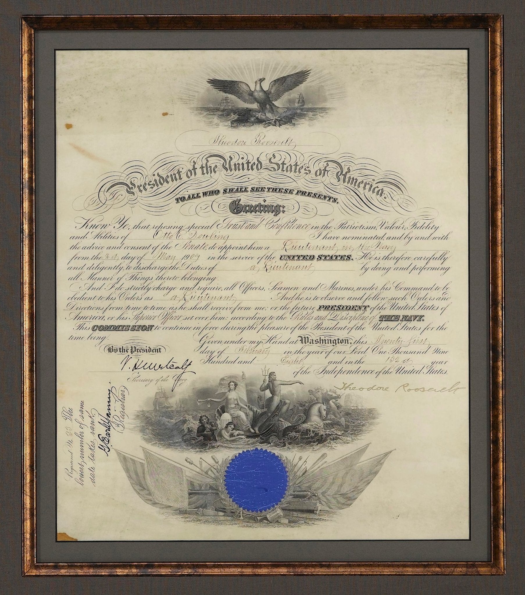 Theodore Roosevelt Signed Presidential Appointment, Dated February 27, 1908 - The Great Republic