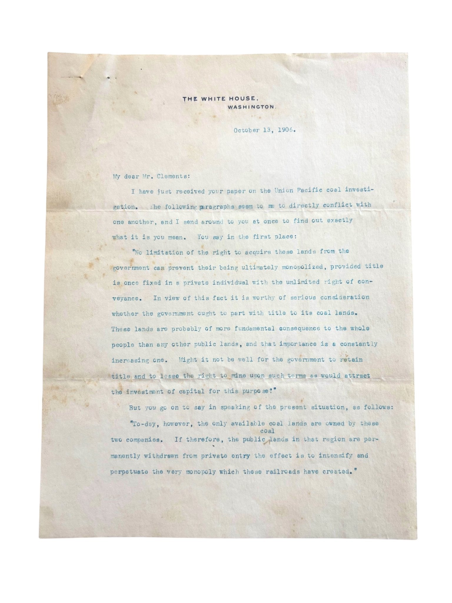 Theodore Roosevelt Signed Typed Letter, Dated October 13, 1906 - The Great Republic