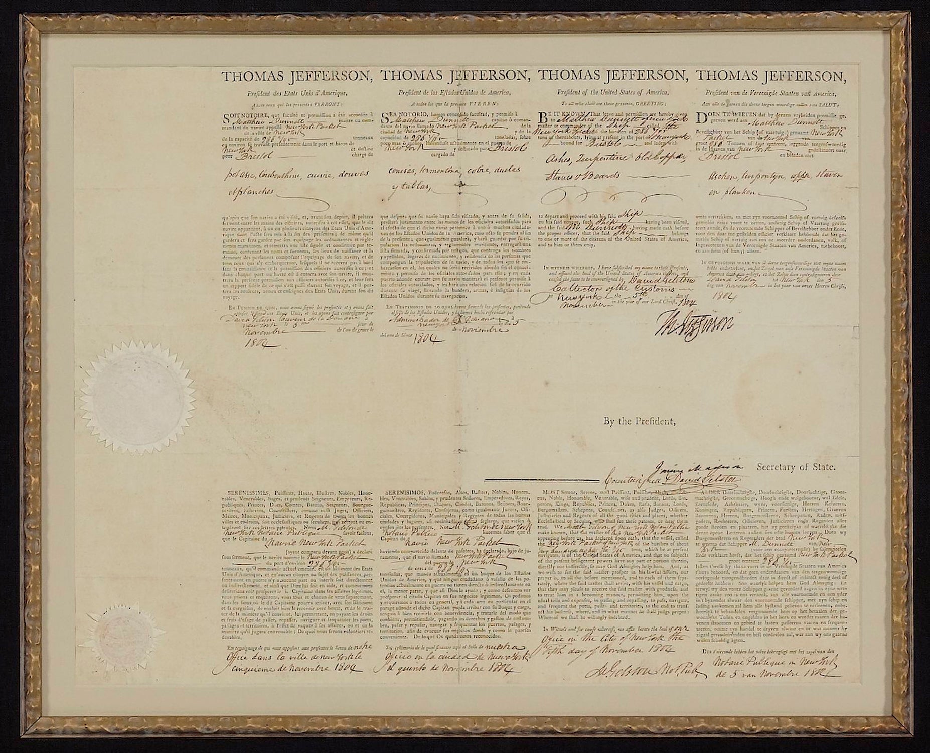 Thomas Jefferson and James Madison Ship's Passport Signed, November 5, 1804, for "New York Packet" - The Great Republic