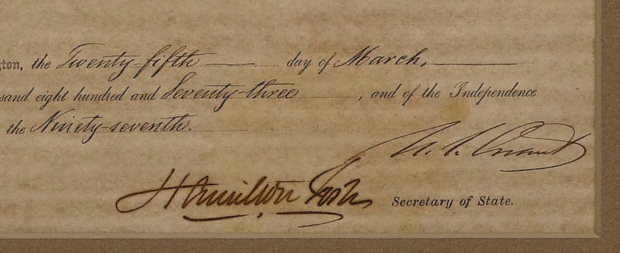 Ulysses S. Grant Signed Presidential Appointment, Dated March 25, 1873, Appointing Bradford T. Simmons as Deputy Postmaster of Johnstown, New York - The Great Republic