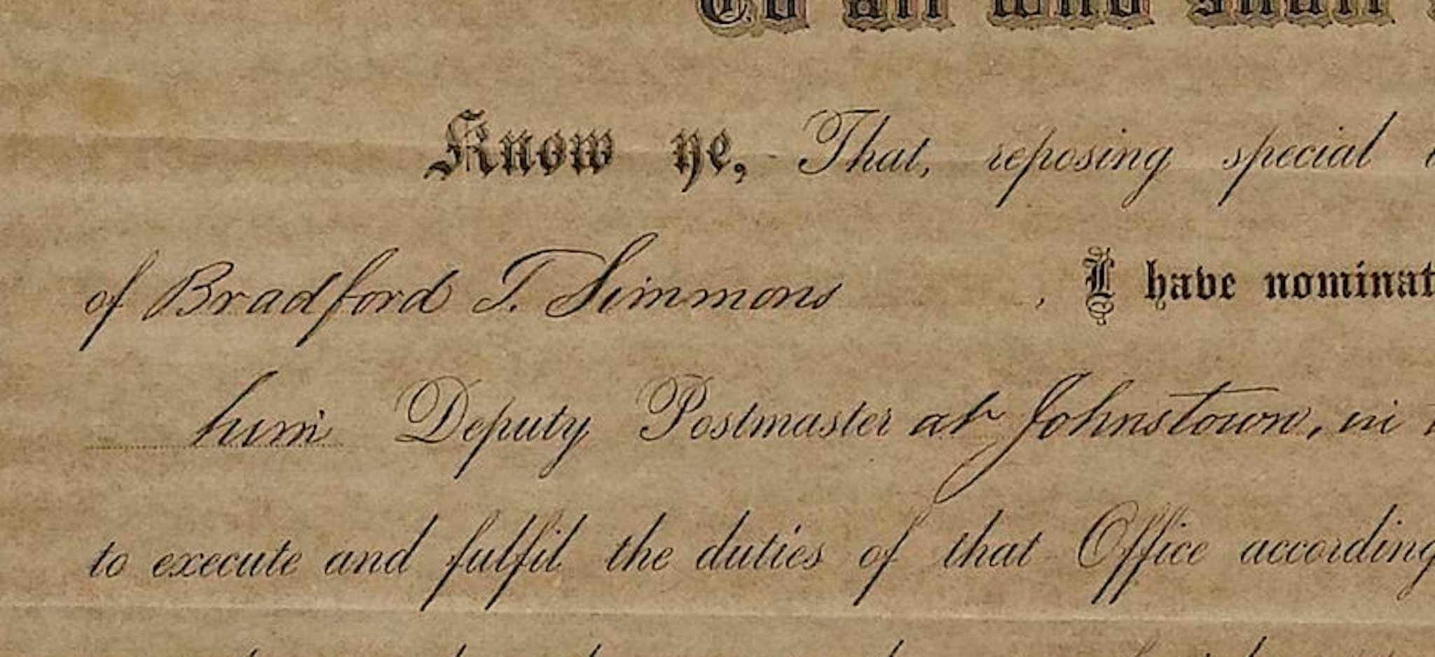 Ulysses S. Grant Signed Presidential Appointment, Dated March 25, 1873, Appointing Bradford T. Simmons as Deputy Postmaster of Johnstown, New York - The Great Republic