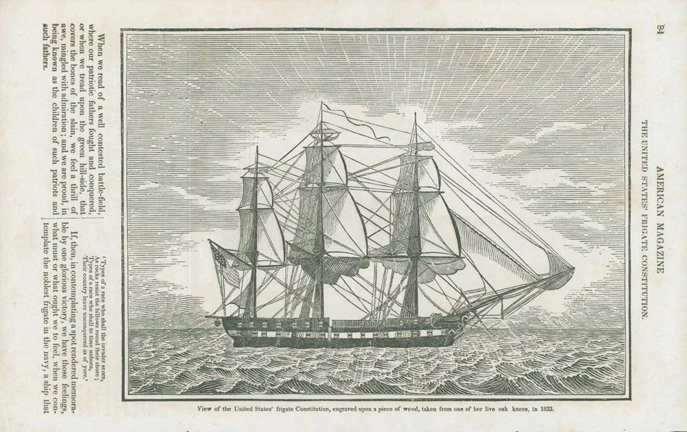"View of the United States’ Frigate Constitution, Engraved Upon a Piece of Wood Taken from One of Her Live Oak Knees in 1833" Wood Engraving, 1834 - The Great Republic