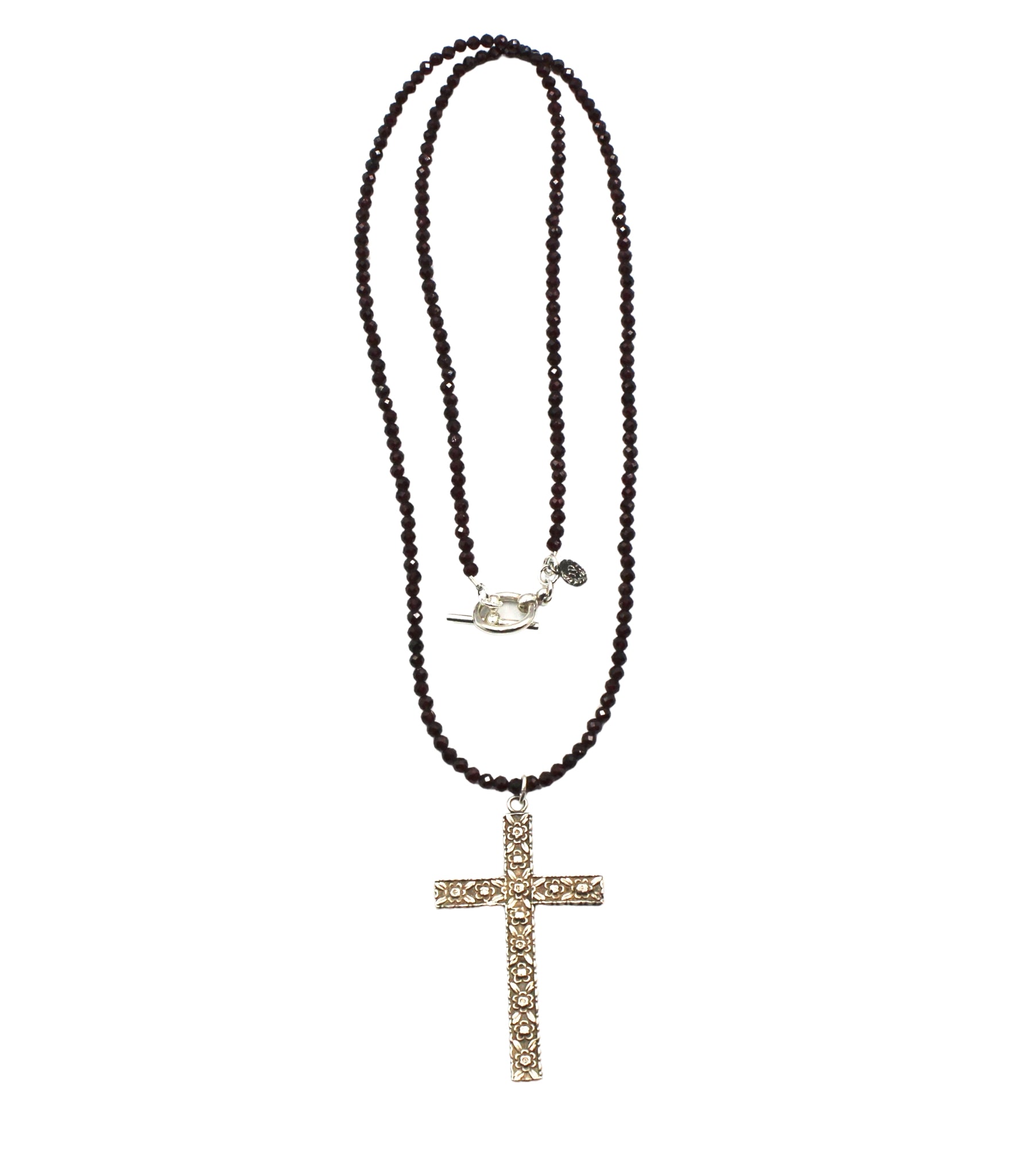 Vintage 1940s British Sterling Silver Cross on Faceted Garnet Necklace - The Great Republic