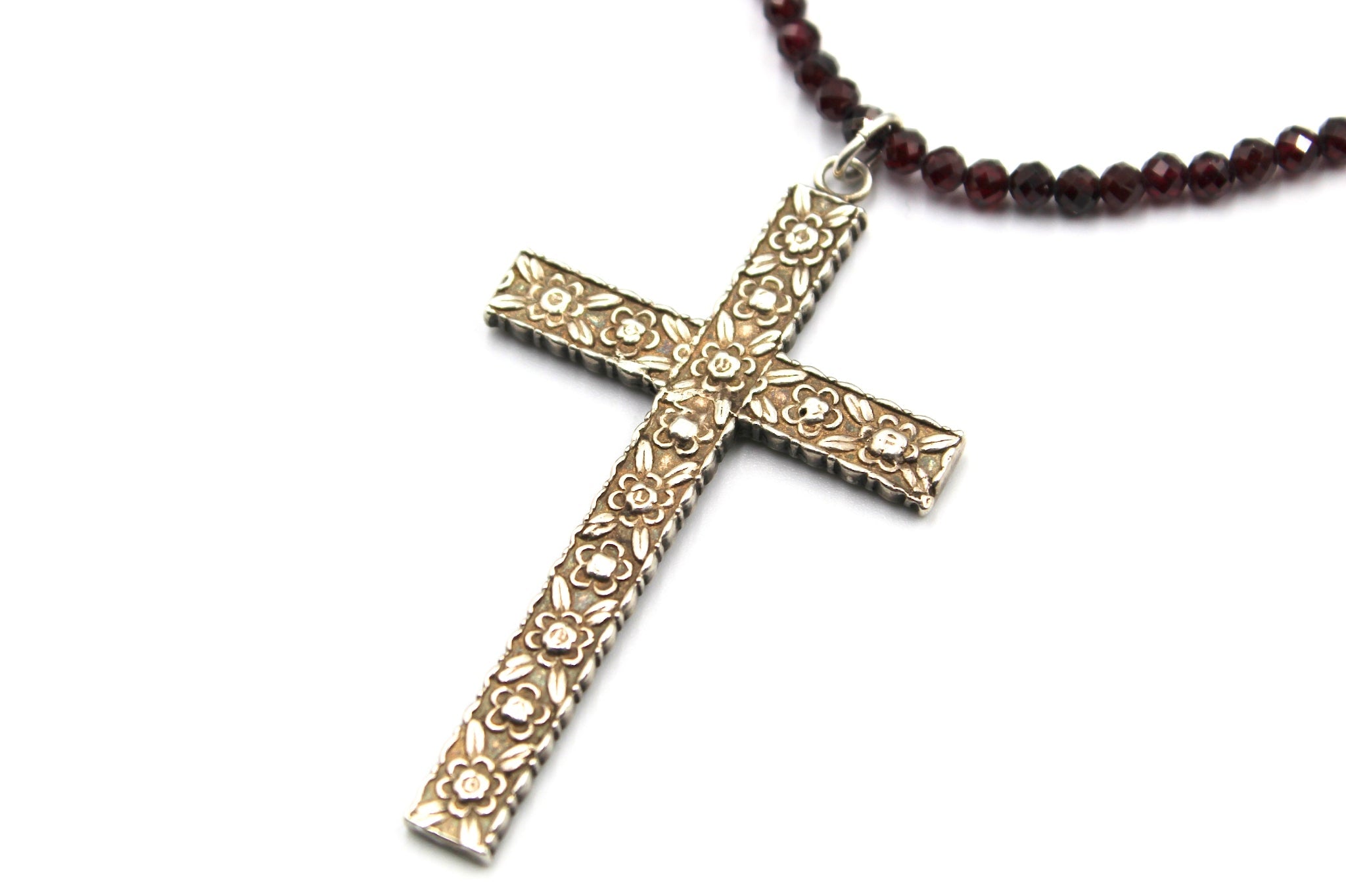 Vintage 1940s British Sterling Silver Cross on Faceted Garnet Necklace - The Great Republic