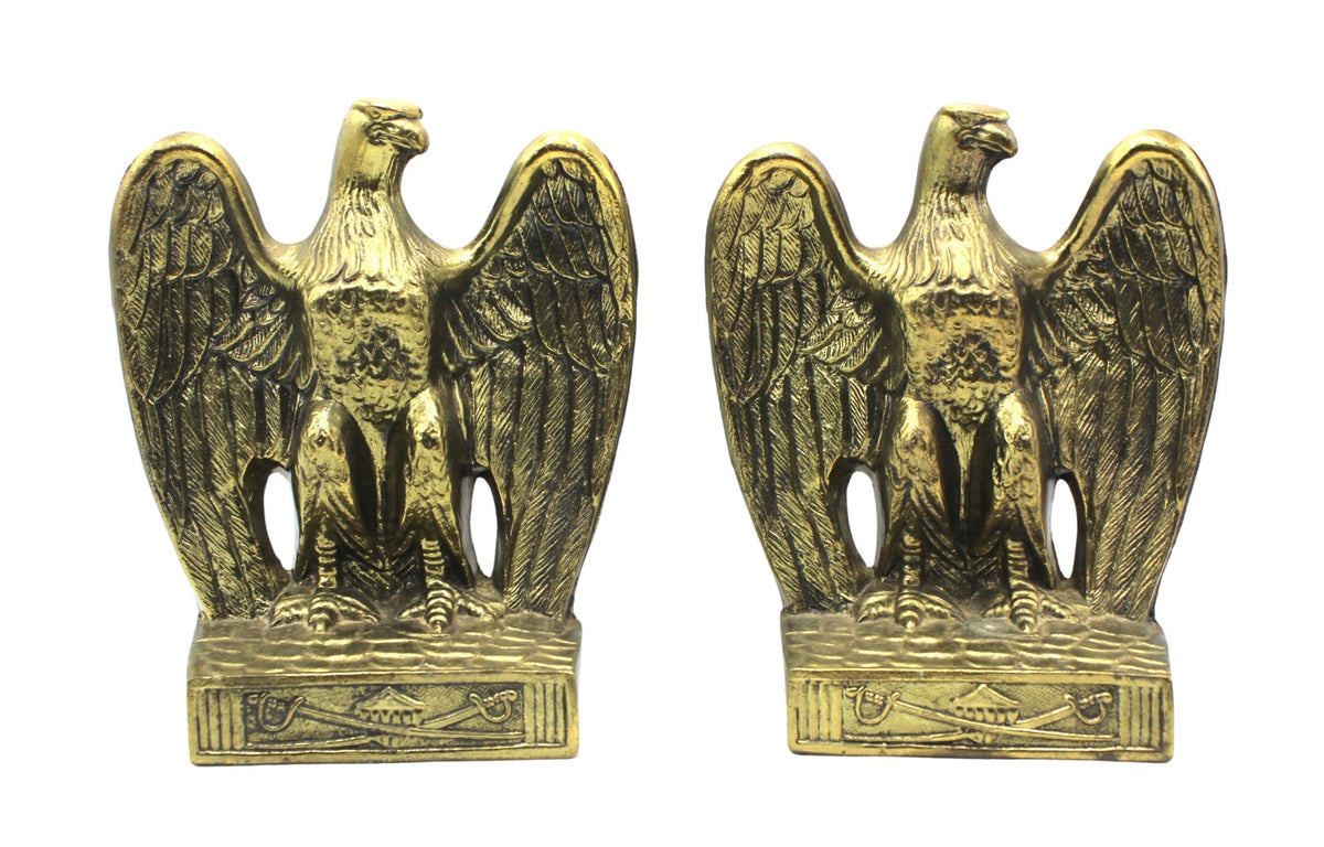 Vintage Brass American Eagle Bookends with Crossed Sword and Shield Base - The Great Republic