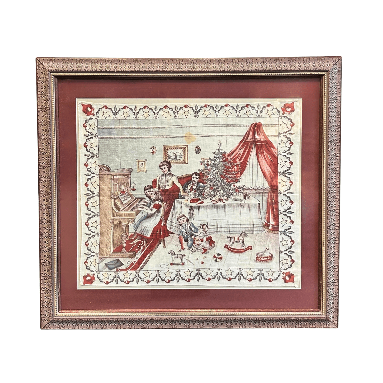 Vintage Christmas Scene Handkerchief, Printed on Cotton, Circa 1890 - 1915 - The Great Republic