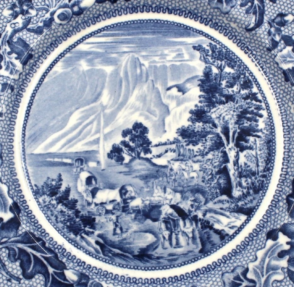 Vintage "Covered Wagons and the Rocky Mountains" Blue Transferware Bread Plate by Johnson Brothers, c. 1938 - The Great Republic