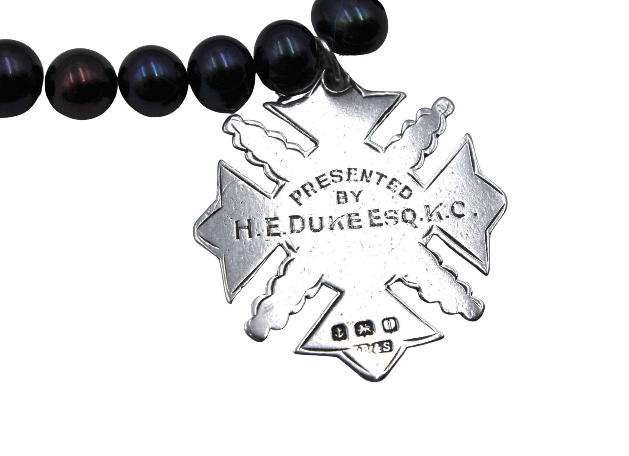 Vintage Sterling Silver British Exonia League Medal on Freshwater Pearl Necklace - The Great Republic