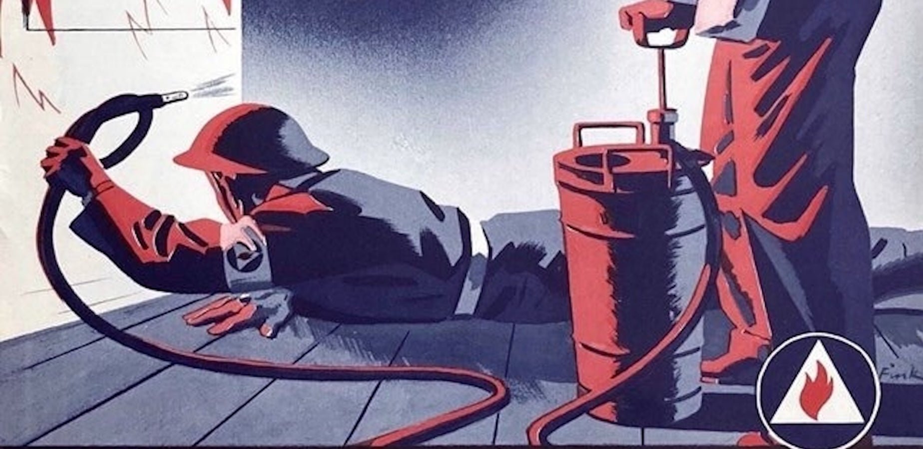"War Against Fires of War with the Fire Guard" Vintage WWII Civilian Defense Volunteer Poster by Fink, 1943 - The Great Republic
